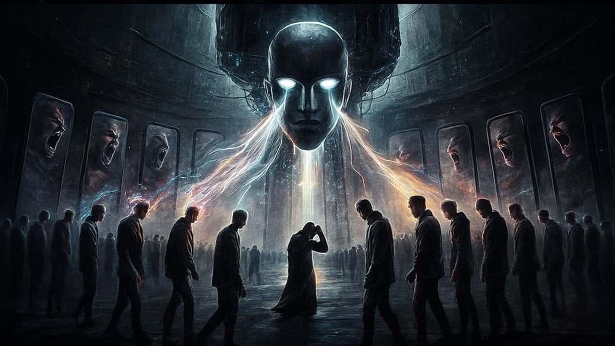 Large glowing head emitting light beams to hooded figures in shadowy hall suggesting mind control