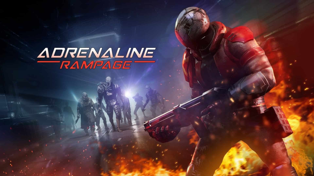 Armoured figure with a futuristic helmet holds a weapon, confronting a horde of advancing zombies amid flames and smoke.