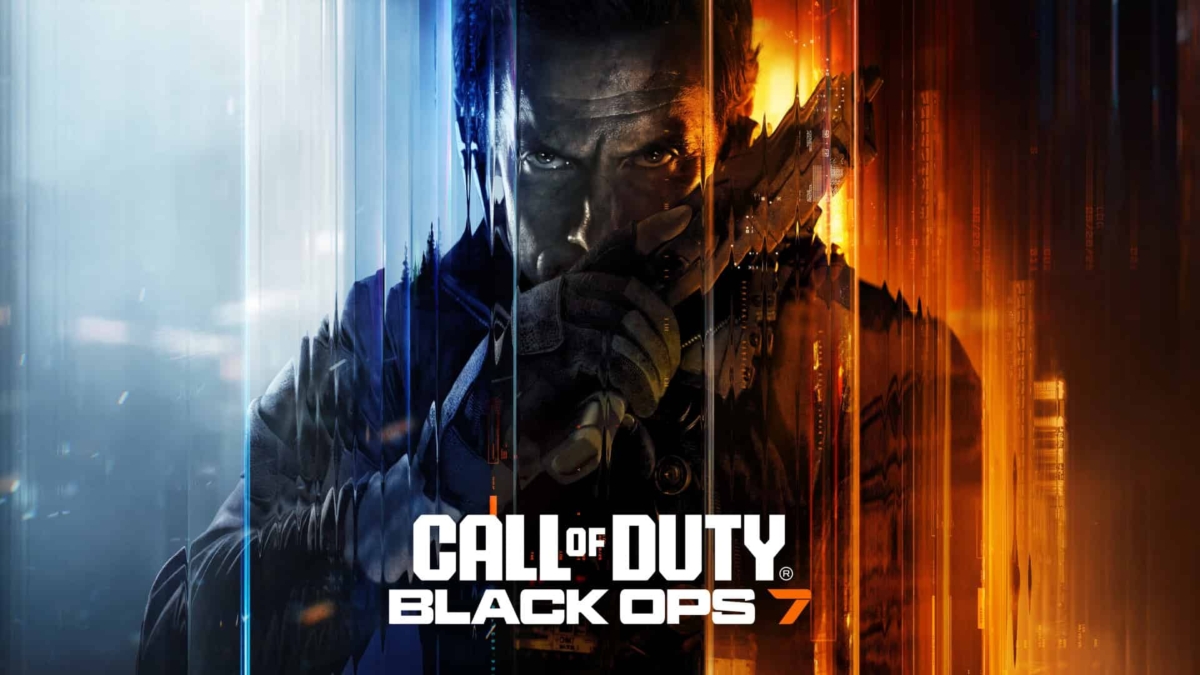 A soldier holding a gun with intense blue and orange light split background
