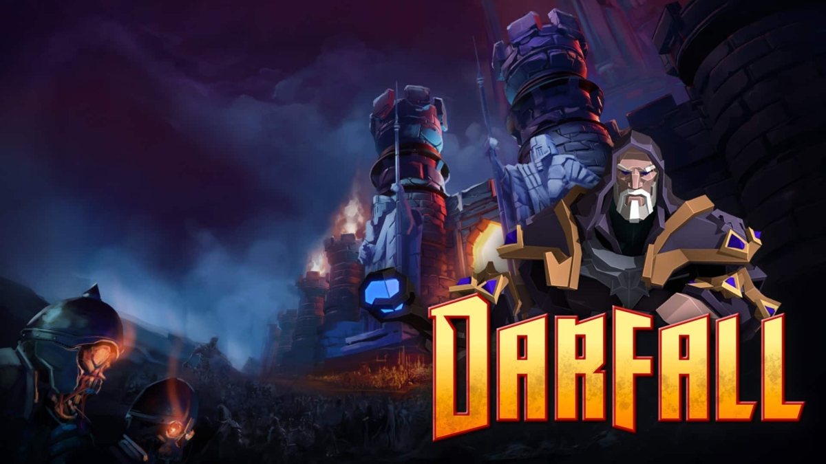 Dark fortress with flaming towers and smoky night sky, animated armoured figure in foreground and large 'Darfall' title