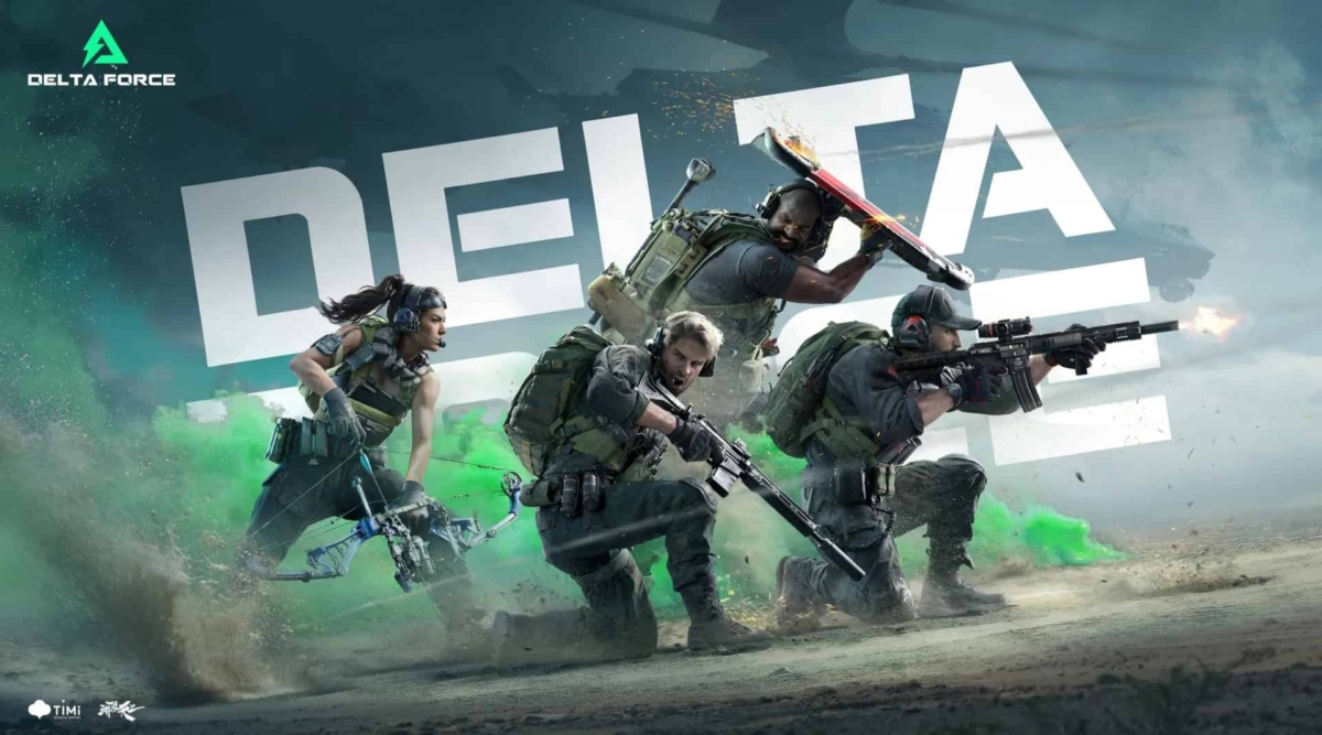 Four armed soldiers in tactical gear crouch and prepare for battle with green smoke and large white Delta Force text behind