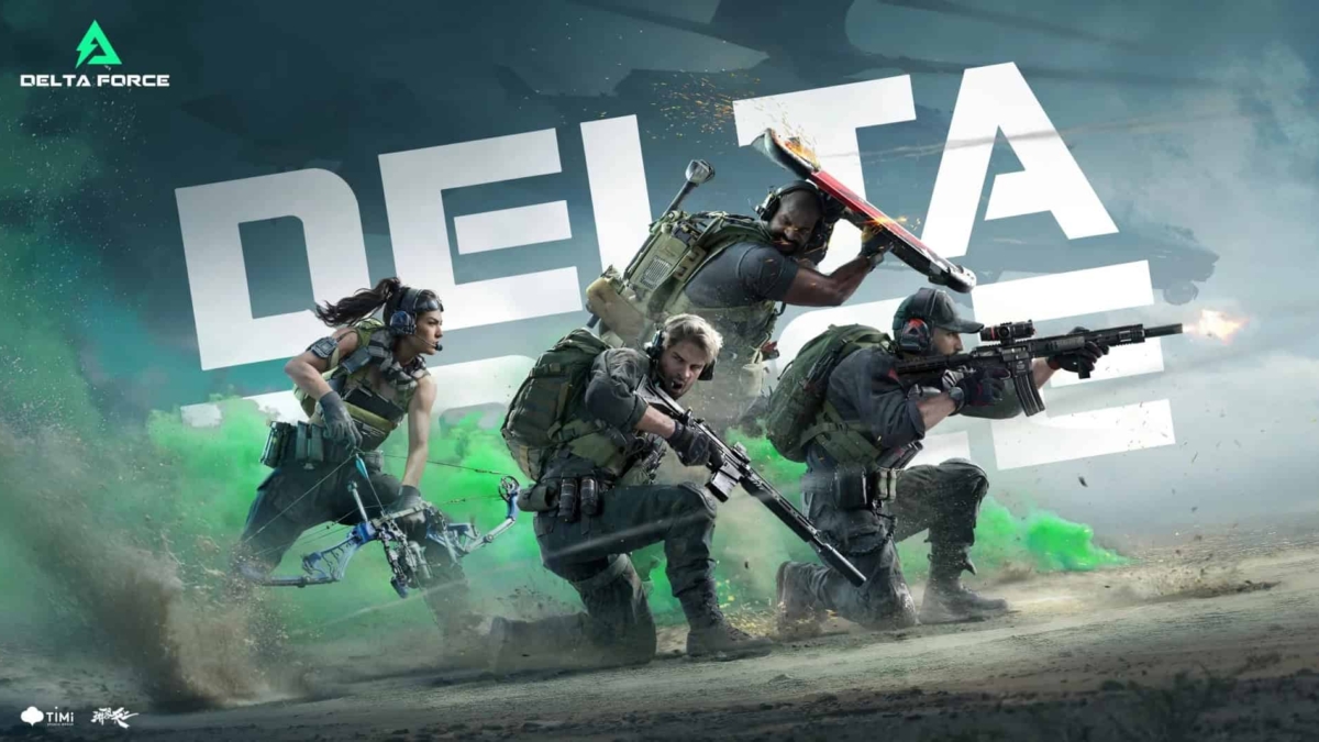 Four armed soldiers in tactical gear crouch and prepare for battle with green smoke and large white Delta Force text behind