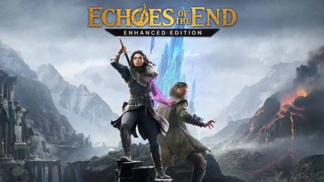 Two characters back-to-back on rocky terrain, woman with glowing purple arm, man with glowing blue arm near erupting volcano