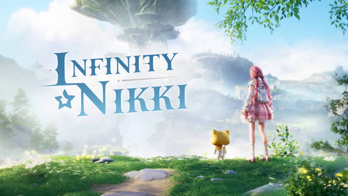 Female character with pink hair and a small yellow cat-like companion stand on grassy hill overlooking fantasy landscape