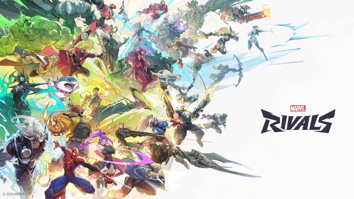 Dynamic artwork showing various Marvel superheroes and villains in action with Marvel Rivals logo on white background