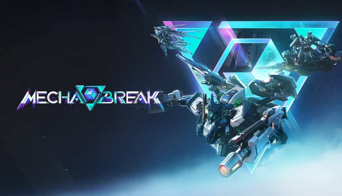 Futuristic mechanical robots equipped with weapons and glowing blue and purple triangle shapes set against a dark background with the text Mecha Break