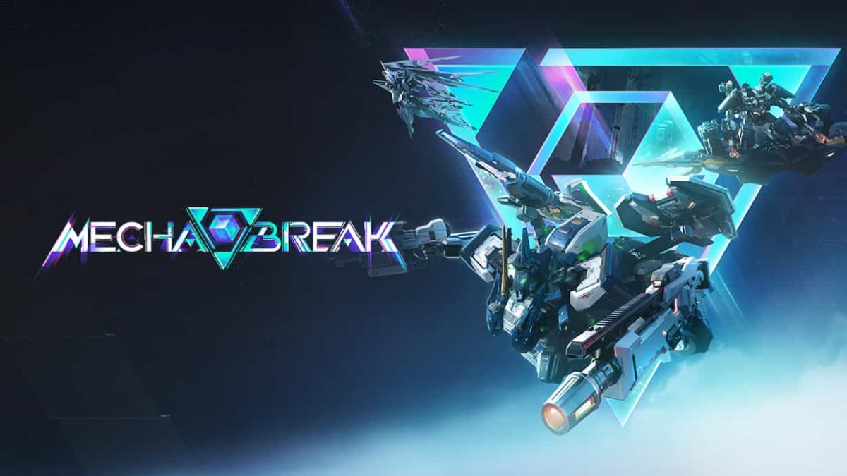 Futuristic mechanical robots equipped with weapons and glowing blue and purple triangle shapes set against a dark background with the text Mecha Break