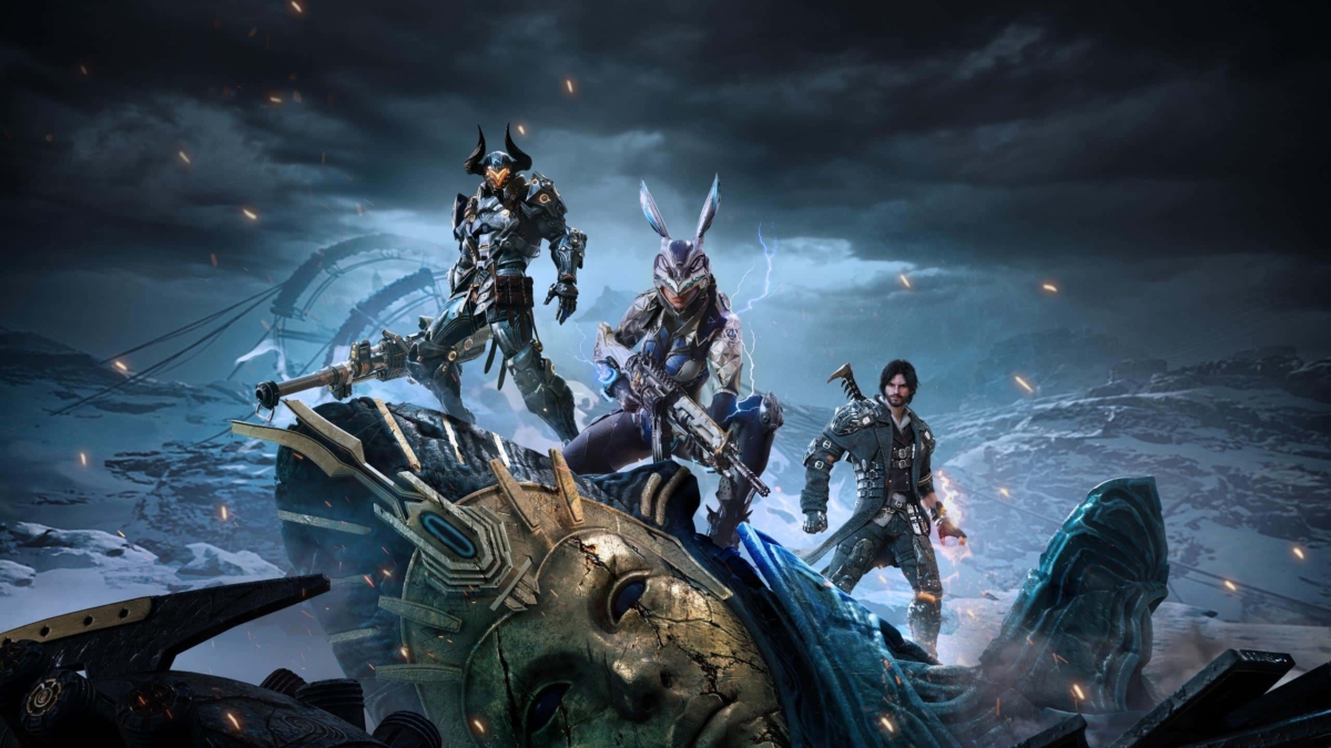 Three heavily armoured characters stand on a cracked large statue head under a stormy sky with lightning and sparks