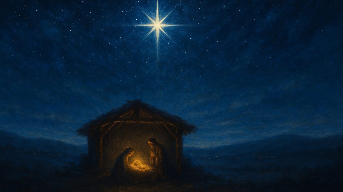 Mary and Joseph kneeling by baby Jesus in a manger under a glowing star in a dark blue night sky