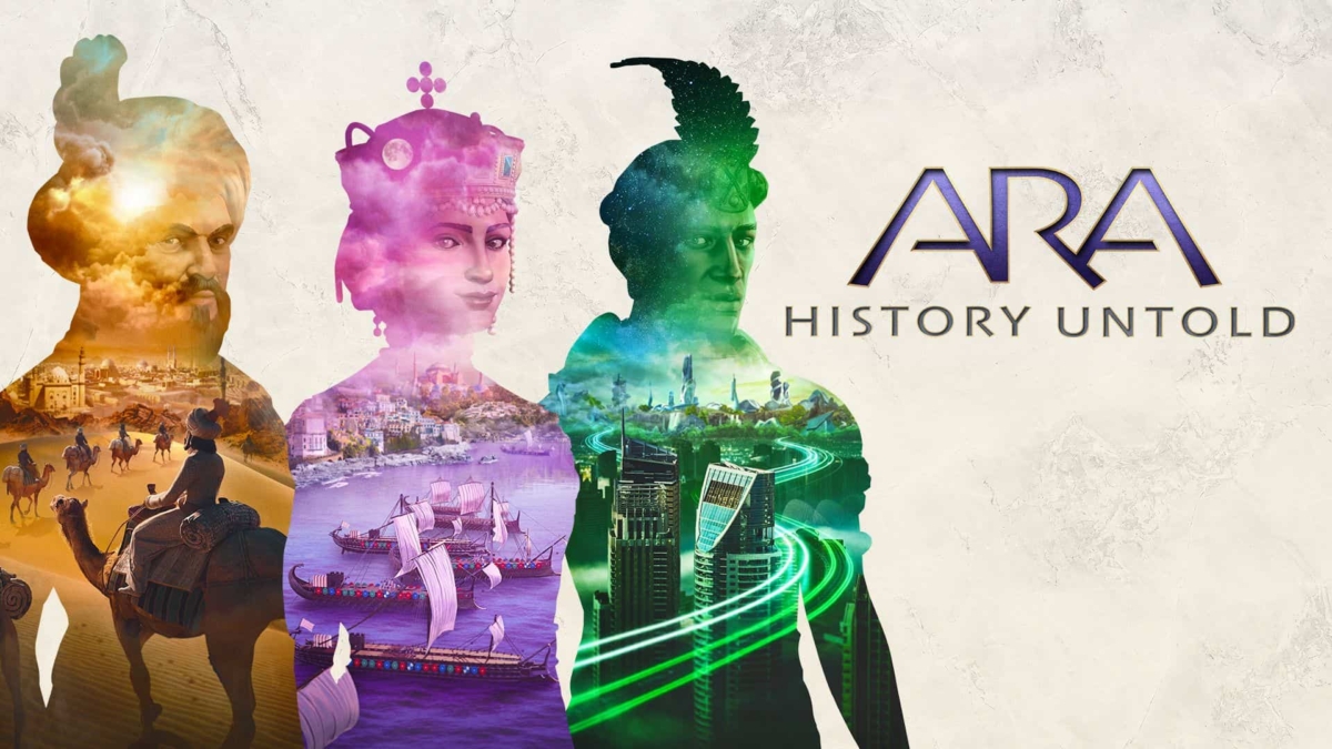 Three colourful silhouettes of historical figures filled with scene landscapes and cityscapes from different eras