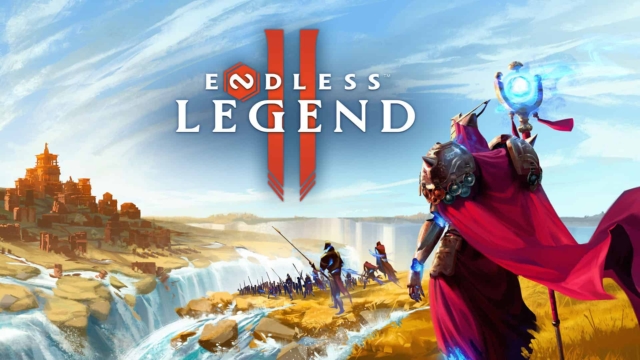 Armoured figure with a glowing staff and red cape surveying troops near cliffs and waterfalls in a fantasy world