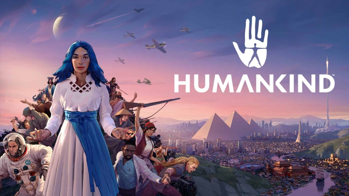 Diverse historical figures stand before a cityscape with pyramids and modern buildings under a twilight sky