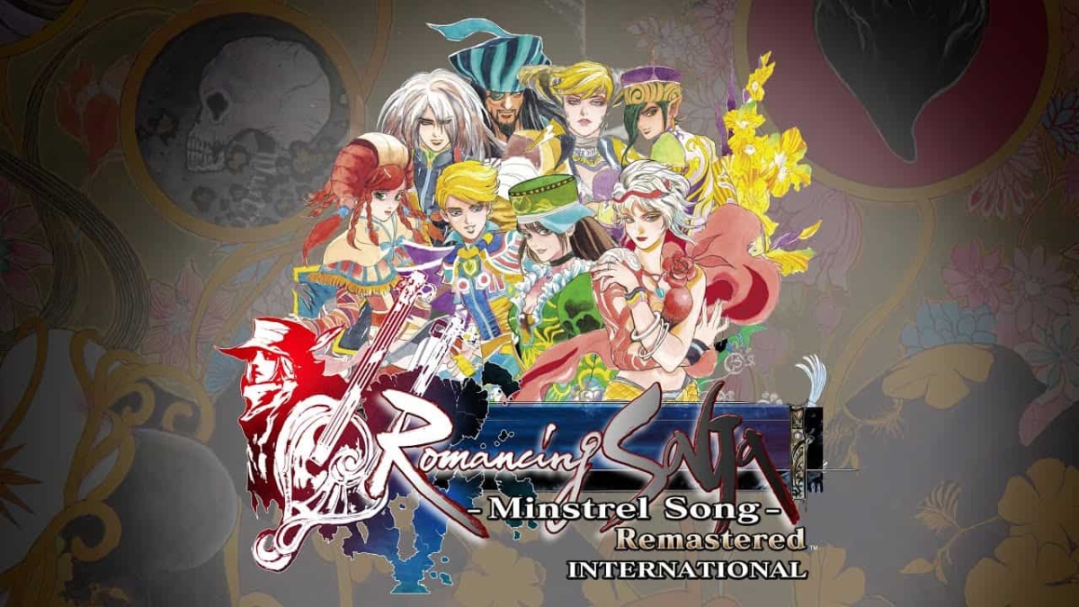 Nine diverse fantasy characters positioned above the Romancing SaGa: Minstrel Song Remastered International logo with a patterned background