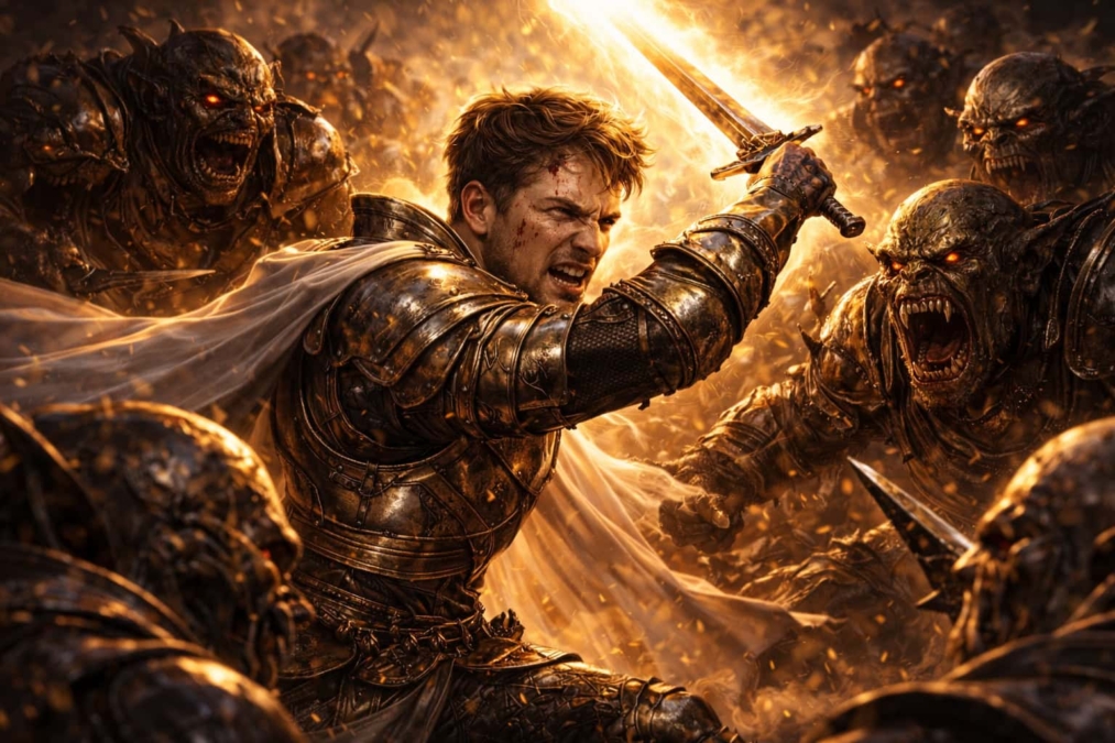 Armoured knight with bloodied face raising sword against snarling orcs with glowing eyes in fiery battle
