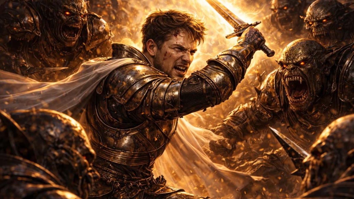Armoured knight with bloodied face raising sword against snarling orcs with glowing eyes in fiery battle