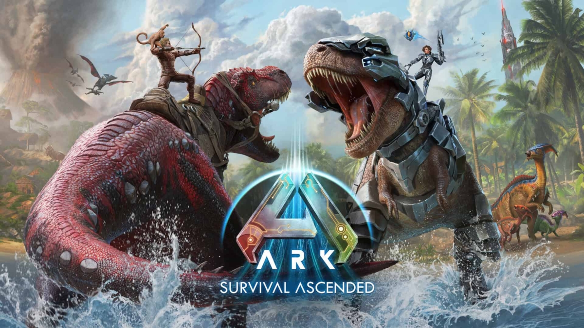 Two characters armed with weaponry riding fierce dinosaurs facing each other above splashing water under a glowing ARK Survival Ascended logo