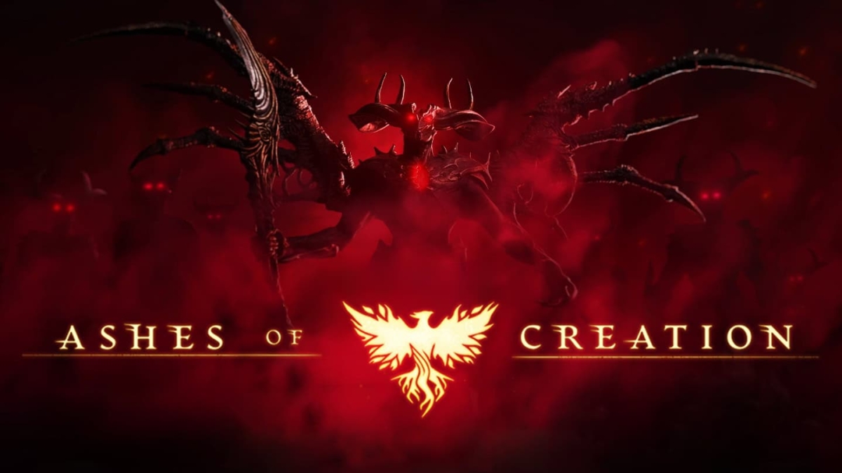 Dark demonic figure with multiple clawed arms stands behind a fiery phoenix logo and Ashes of Creation text