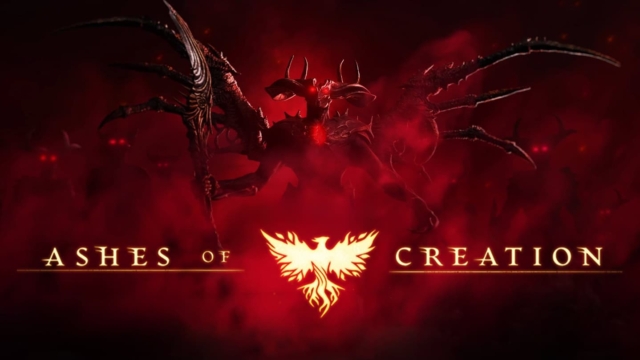 Dark demonic figure with multiple clawed arms stands behind a fiery phoenix logo and Ashes of Creation text