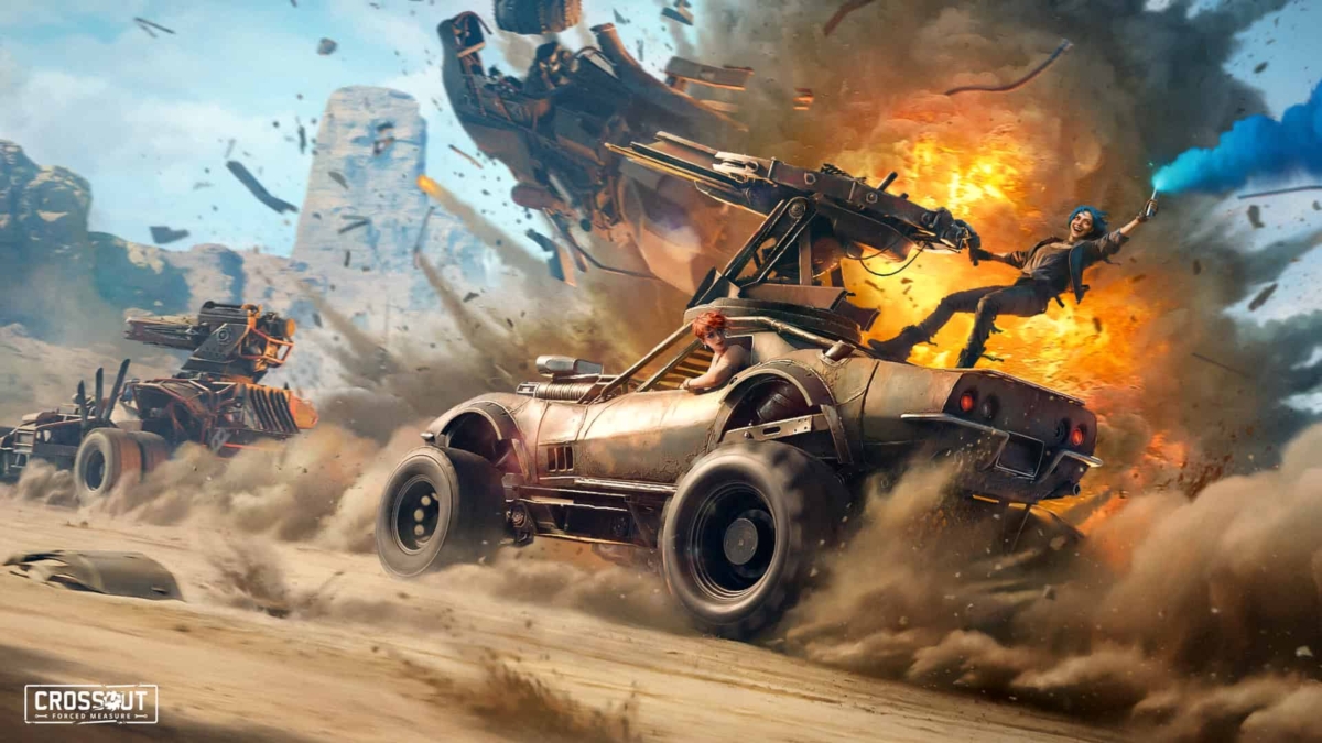 Armoured vehicle racing through a desert with explosion and blue smoke flare behind
