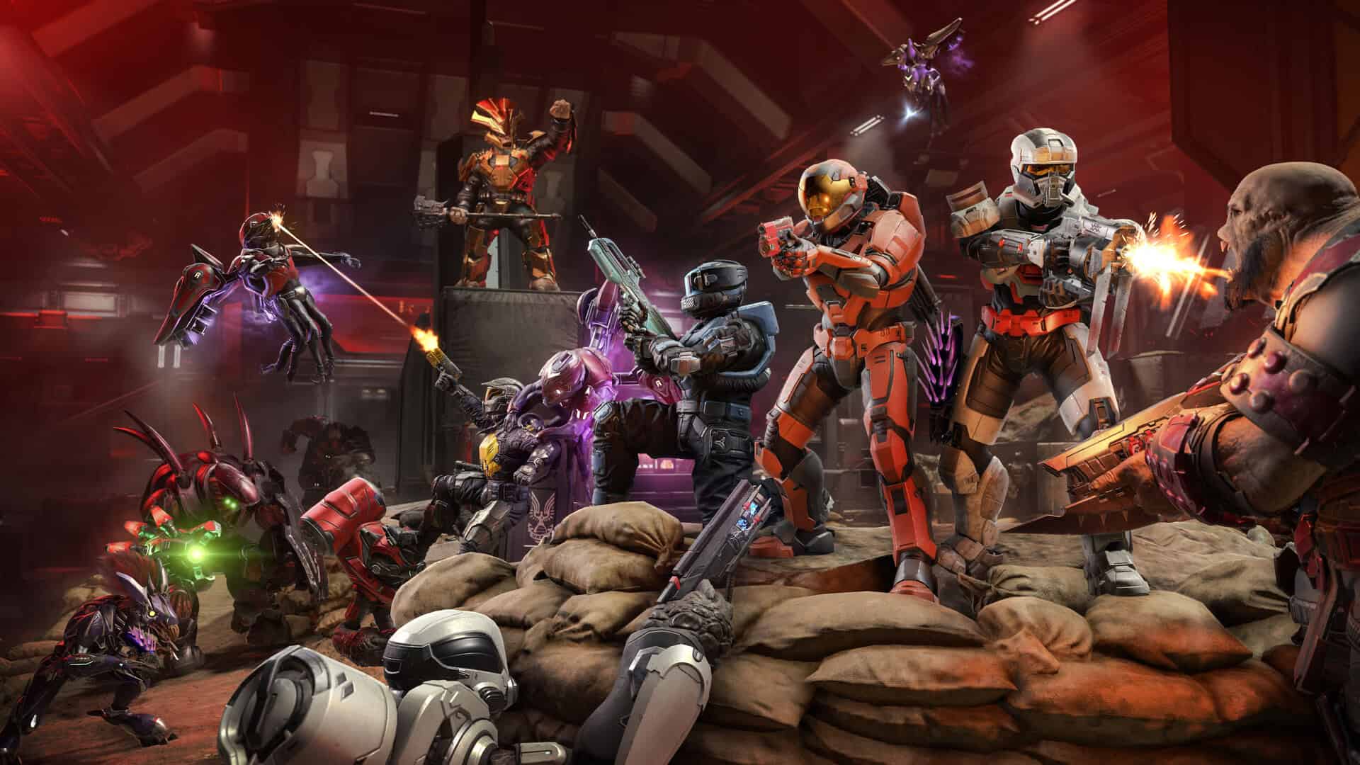 Armoured soldiers and alien creatures engaged in intense combat inside a dark fortress environment