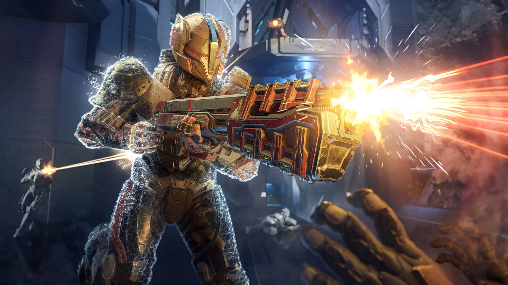 Armoured futuristic soldier firing a large golden gun with red energy beams in a sci-fi battle environment