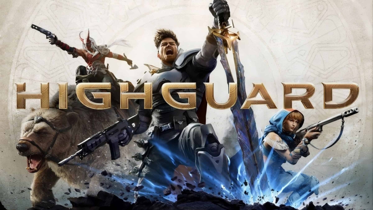 Three armed characters in dynamic battle poses with a large bear behind them, under the bold title Highguard
