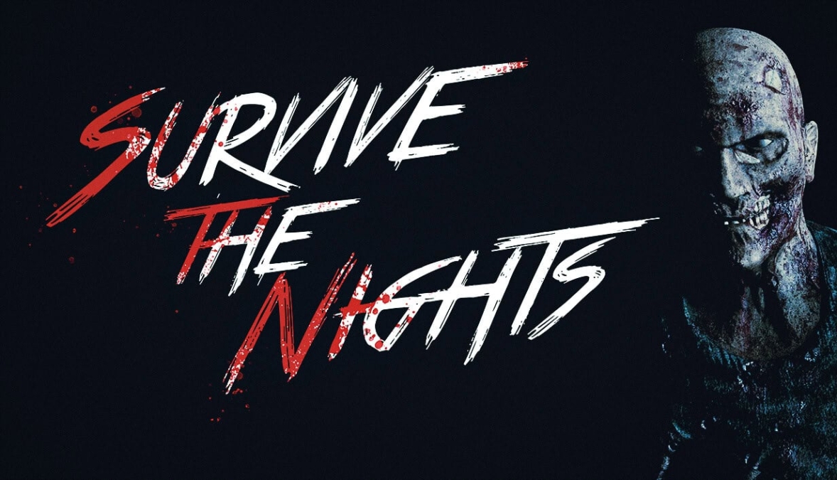 White and red Survive the Nights text with a zombie face on the right side against a black background