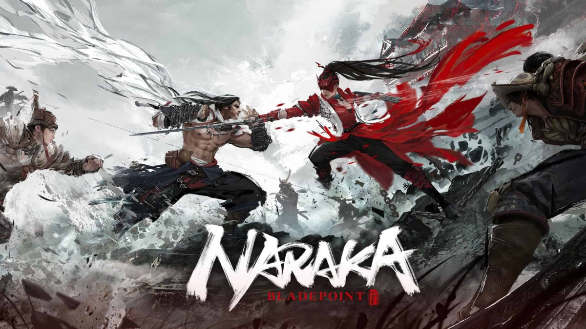 Four warriors in dynamic samurai battle with swords and flowing red and white cloth amid a smoky background