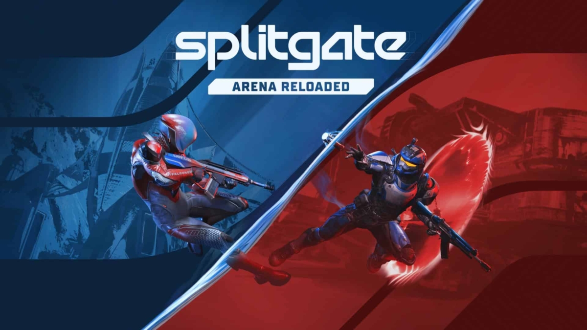 Two futuristic soldiers in red and blue armour aiming rifles with split blue and red background