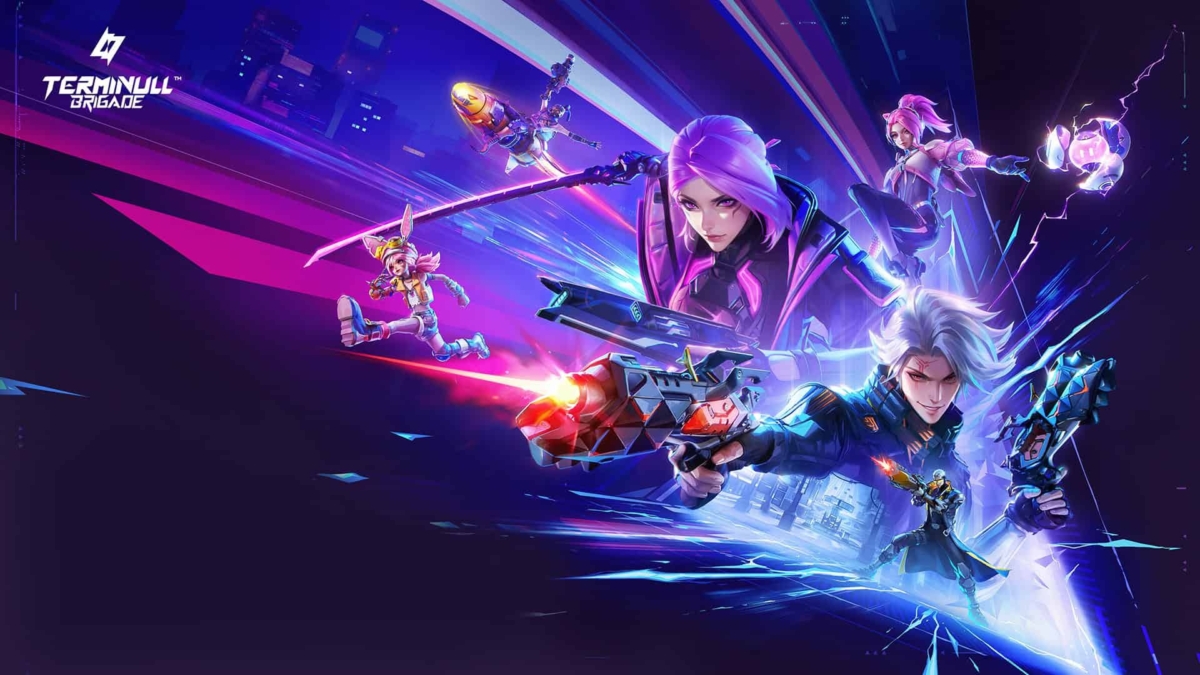 Six futuristic game characters with weapons in dynamic action poses against a neon-lit cityscape background