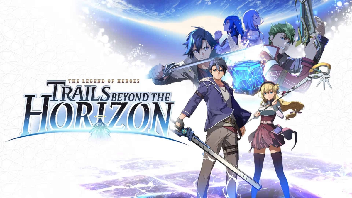 Six characters from Trails Beyond the Horizon wield weapons emitting glowing magical effects against a bright sky background.