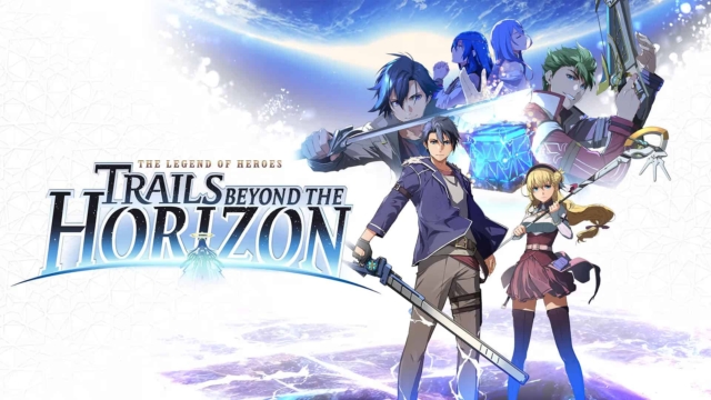 Six characters from Trails Beyond the Horizon wield weapons emitting glowing magical effects against a bright sky background.