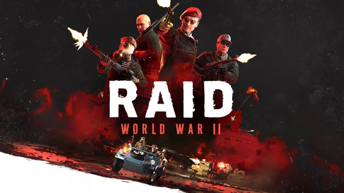 Four World War II soldiers firing guns with explosions and vehicles in the background beneath bold RAID World War II title