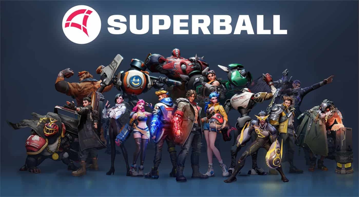 A diverse group of characters including humans and robots standing under the Superball logo against a dark background