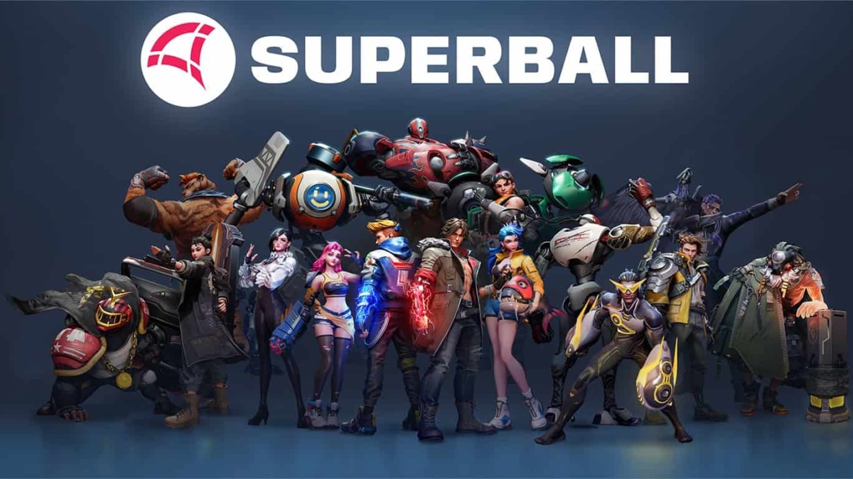 A diverse group of characters including humans and robots standing under the Superball logo against a dark background