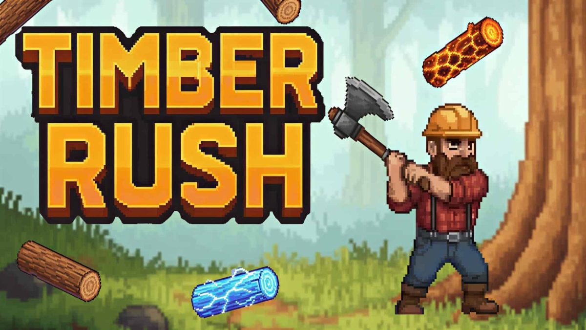 Pixel art lumberjack with axe chopping magical and normal logs in forest setting