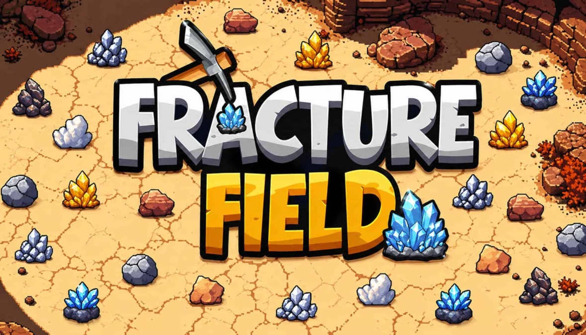Fracture Field game logo with crystals and a pickaxe displayed on cracked earth background