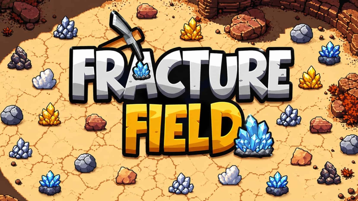 Fracture Field game logo with crystals and a pickaxe displayed on cracked earth background