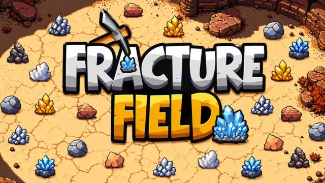 Fracture Field game logo with crystals and a pickaxe displayed on cracked earth background