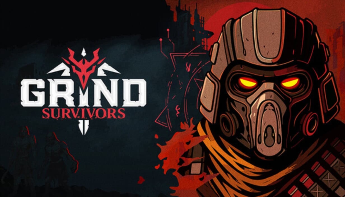 Stylised warrior wearing futuristic armour and helmet with glowing orange eyes next to the Grind Survivors game logo