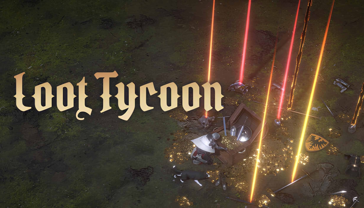 A knight kneeling by an open treasure chest emitting colourful beams of light with scattered weapons and gold coins on the ground