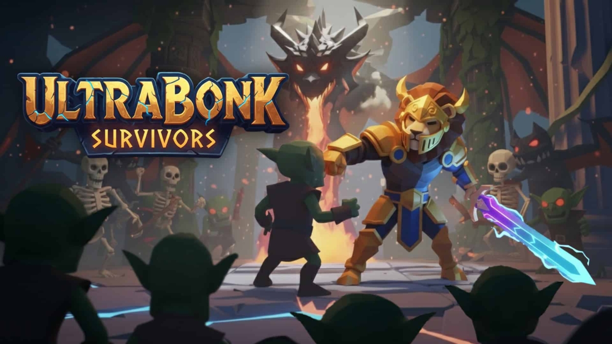 Armoured warrior with glowing sword faces goblin in fiery dungeon surrounded by skeletons and goblins