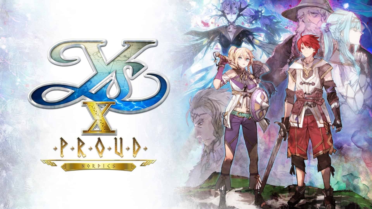Two main characters from Ys X Proud Nordics standing in front of ghostly background figures with the game logo on the left