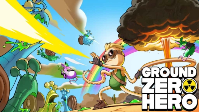 Cartoon character in goggles and gloves fires yellow beams at colourful snail-like monsters with mushroom cloud and rainbow in background