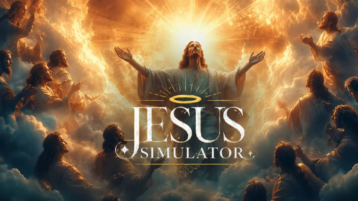Jesus with arms outstretched surrounded by disciples amid glowing clouds with Jesus Simulator text