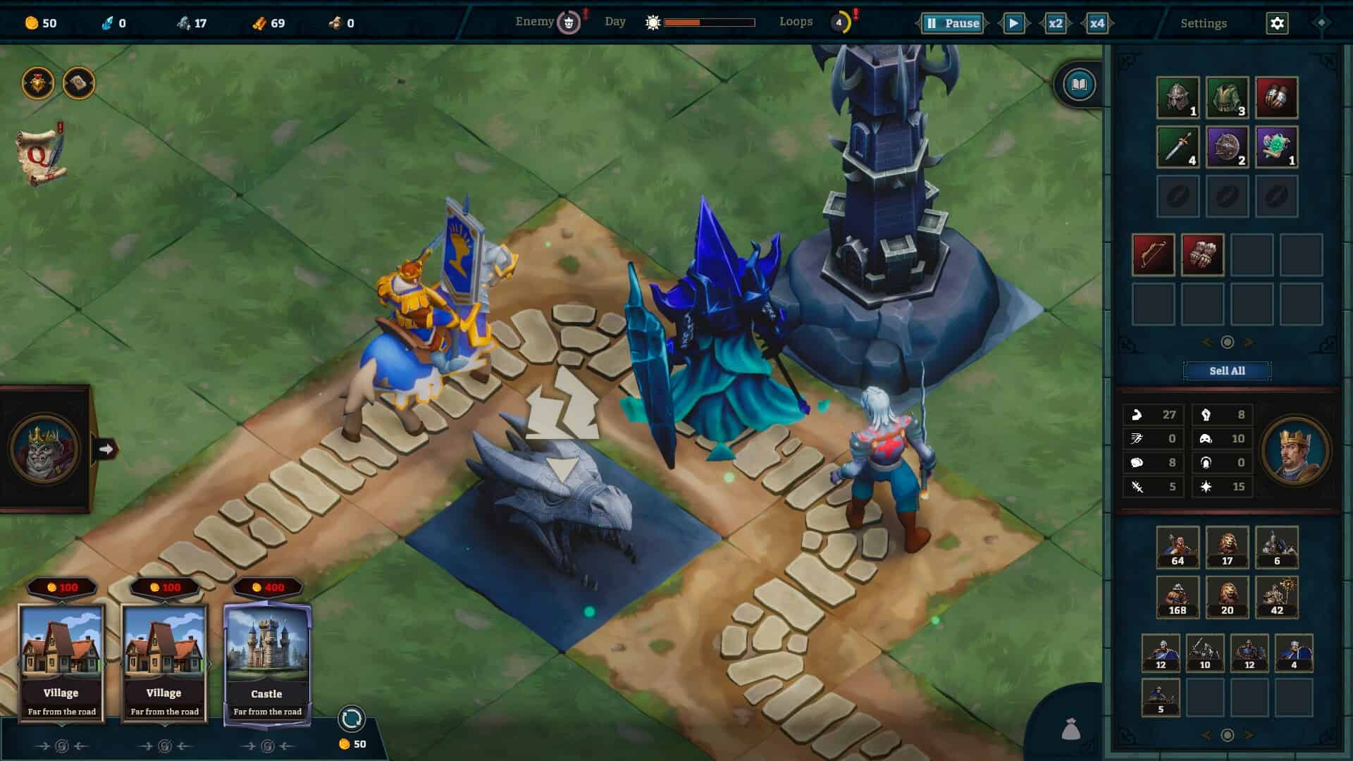Game characters standing on a pathway near a tall tower on a grid map with character inventory and stats panel