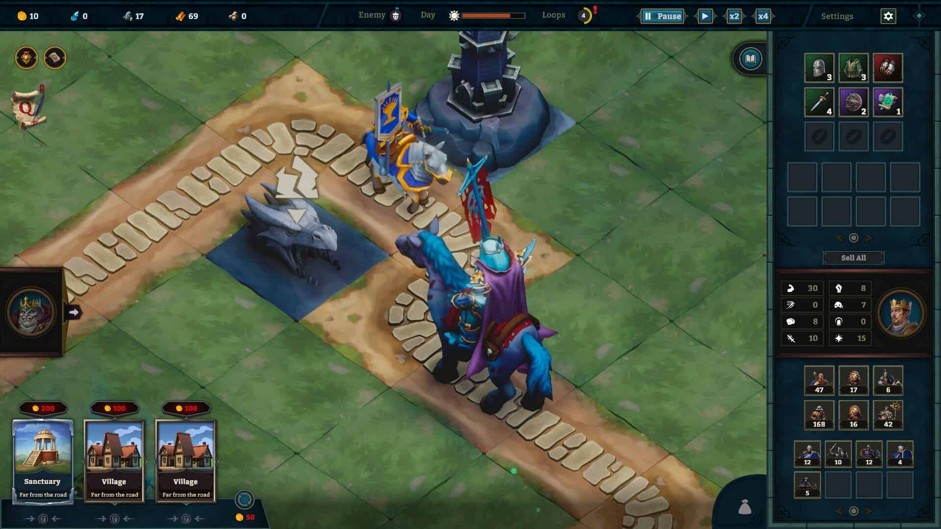 Two knights on horseback on a cobblestone path near a broken stone statue in a tactical game interface