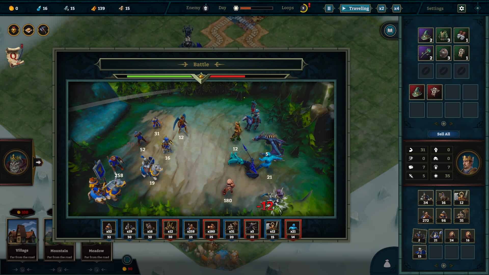 Strategy game battle screen showing multiple units with health bars fighting near forest terrain