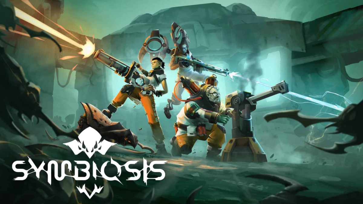 Three armed characters firing weapons beside a turret against dark alien creatures in a cavern environment