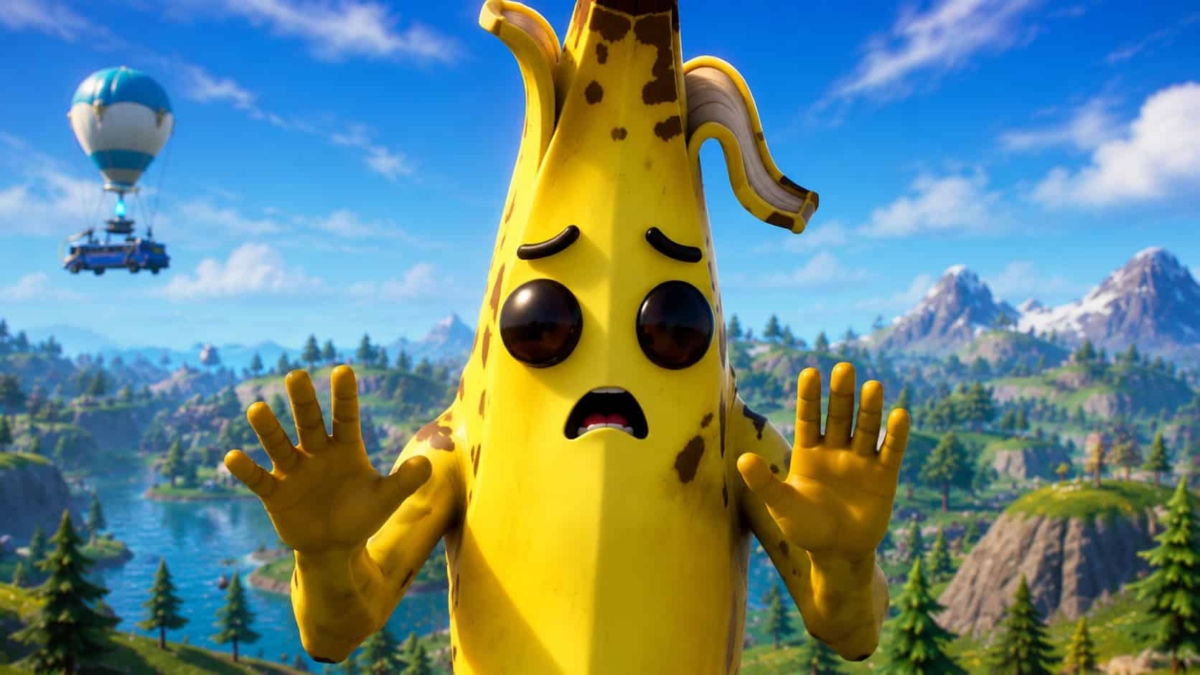Animated banana character with worried face and raised hands in a vibrant outdoor landscape